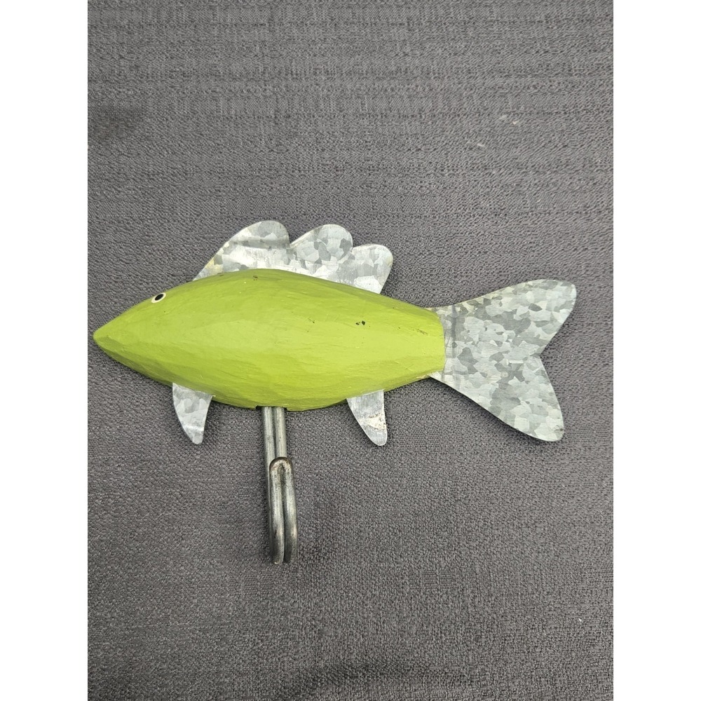 Fish Wall Hook Coastal Beach Nautical Decor Green Wood Metal Tail Hook